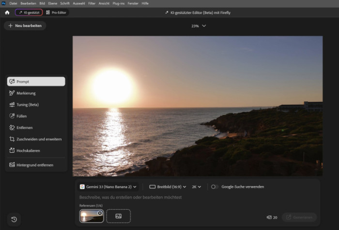 Sieben KI-Funktionen in einer Werkzeugleiste: der neue AI Assisted Editor in Photoshop.